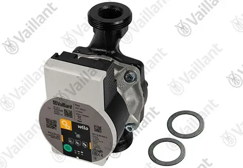 Vaillant Pumpe mit einem kompakten Gehäuse und elektronischem Antrieb, neben zwei Dichtungen.